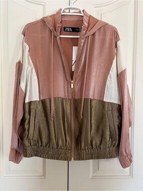 Zara Pink, Olive & Cream Colorblock Hooded Bomber